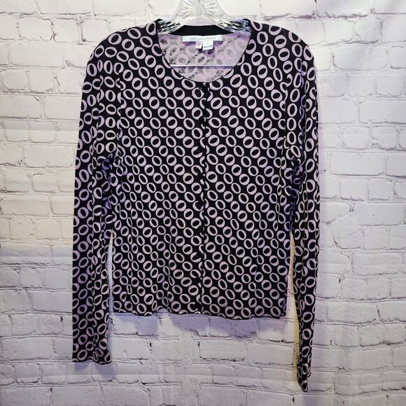 Diane Von Furstenberg Cardigan Womens Large Black Pink O Print Cashmere Silk - Picture 1 of 12